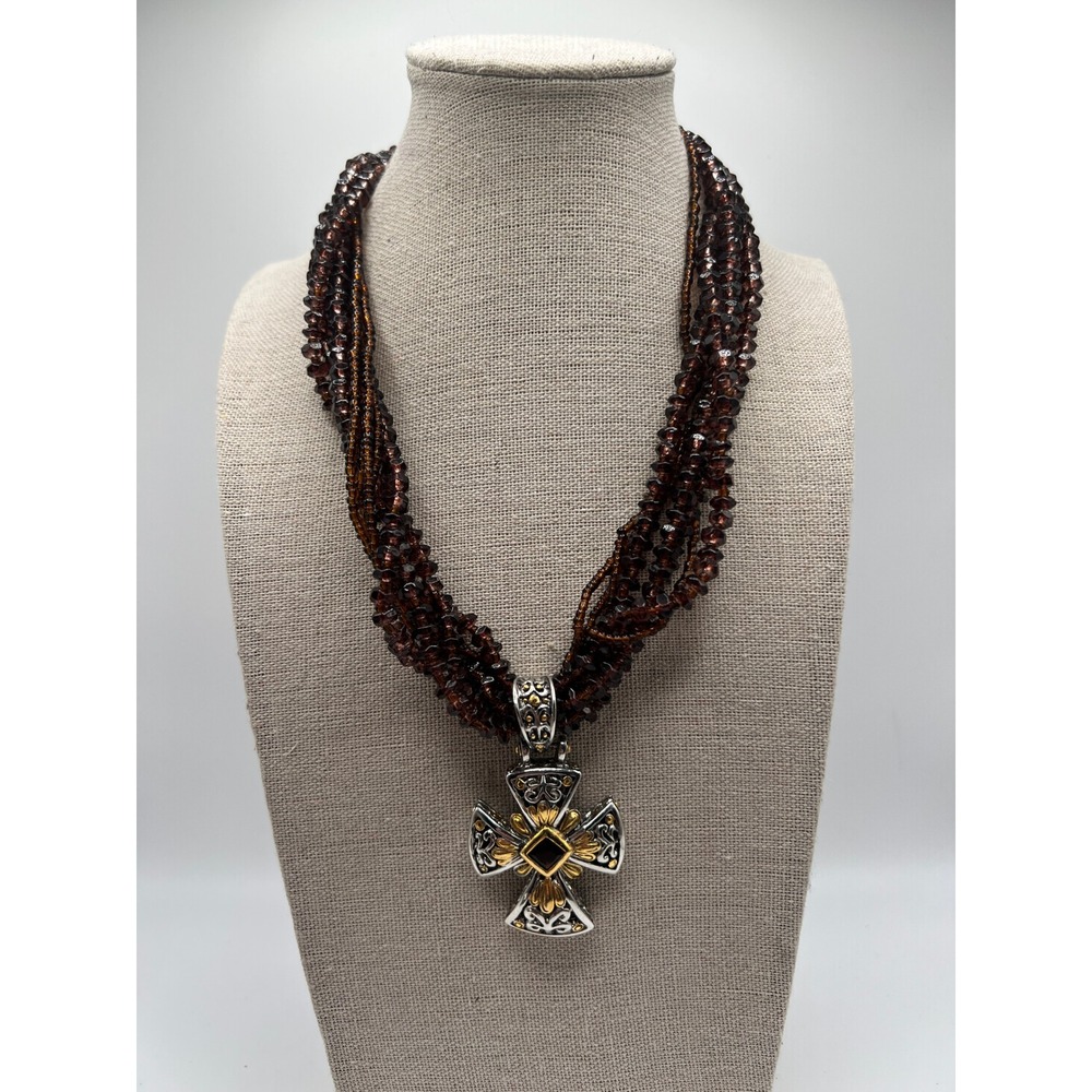 Whimsigoth Maltese Cross Beaded Choker Necklace Two Tone Brown Acrylic 16-19"